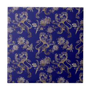 Elegant Blue Gold Lion Floral  Fliese