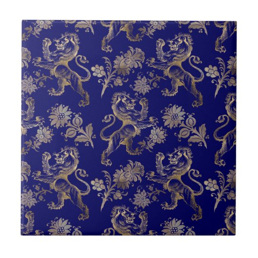 Elegant Blue Gold Lion Floral  Fliese (Vorderseite)