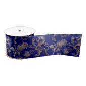Elegant Blue Gold Lion Floral Satinband (Spule)