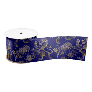 Elegant Blue Gold Lion Floral Satinband