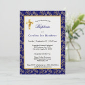 Elegant Blue Gold Lion Floral Taufe Einladung (Stehend Vorderseite)