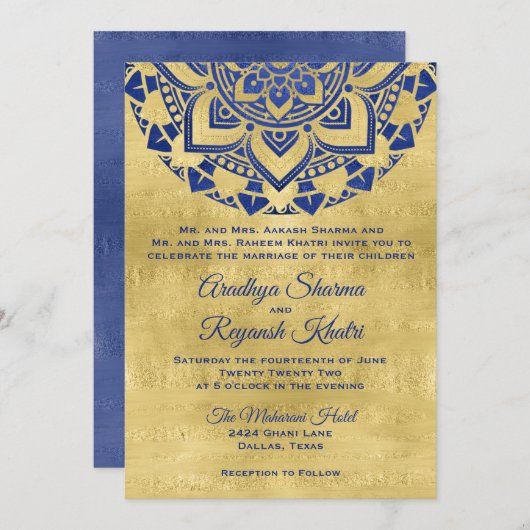 Elegant Blue Gold Mandala Indian Wedding Einladung (Vorne/Hinten)
