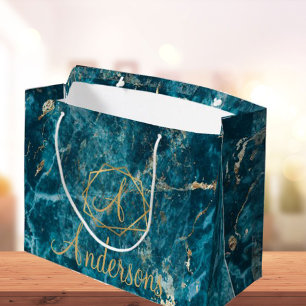 Elegant Blue Gold Marmoreffekt Monogram Christmas Große Geschenktüte