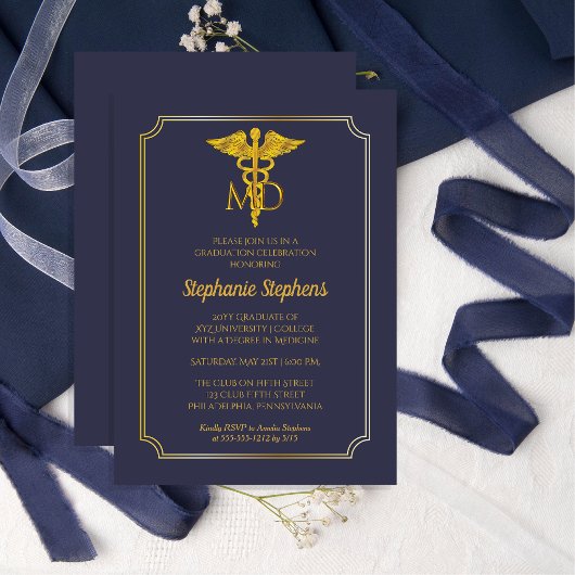 Elegant Blue | Gold MD Physician Graduation Party Einladung