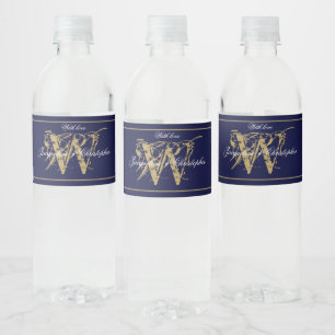 Elegant Blue Gold Monogram Names Chic Wedding Wasserflaschenetikett