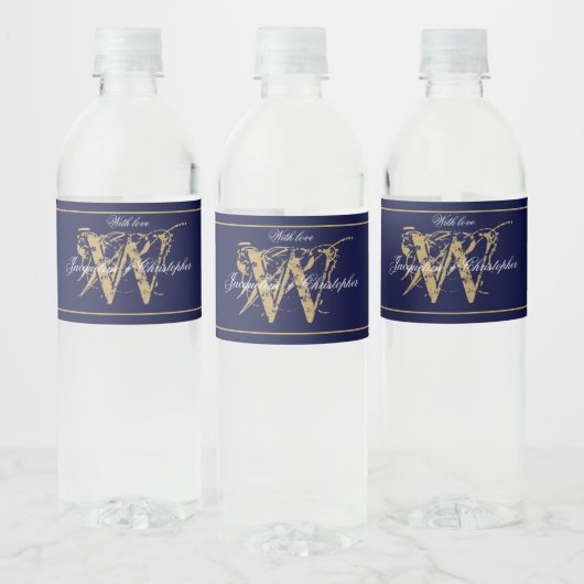 Elegant Blue Gold Monogram Names Chic Wedding Wasserflaschenetikett (Flaschen)