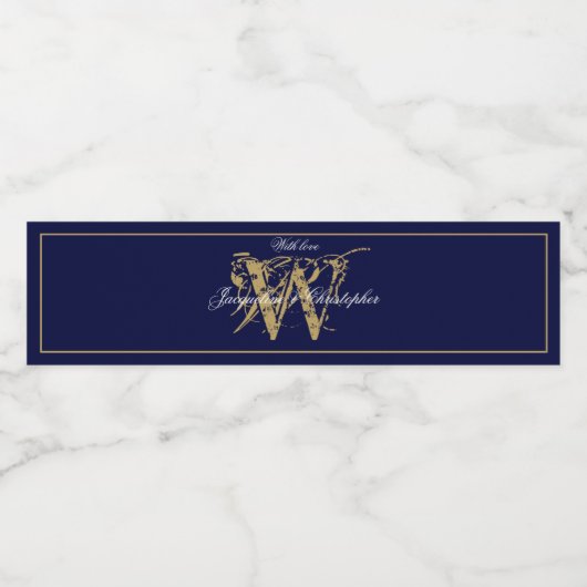 Elegant Blue Gold Monogram Names Chic Wedding Wasserflaschenetikett (Einzelnes Label)