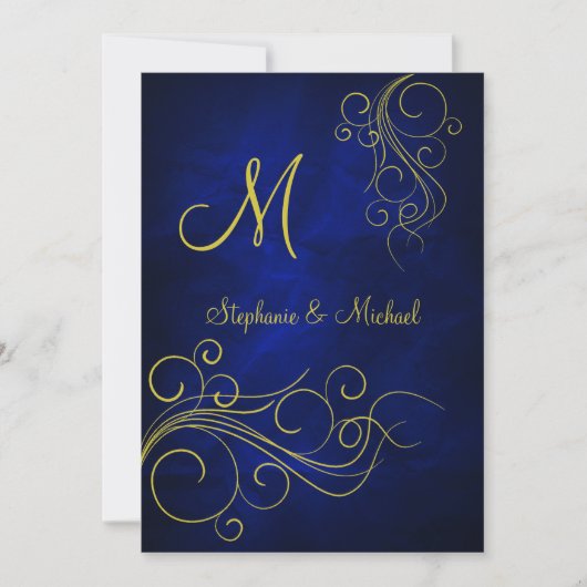 Elegant Blue Gold Monogram Wedding Einladung (Vorderseite)