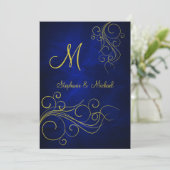 Elegant Blue Gold Monogram Wedding Einladung (Stehend Vorderseite)