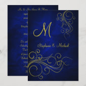 Elegant Blue Gold Monogram Wedding Einladung (Vorne/Hinten)