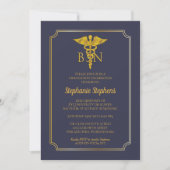 Elegant Blue | Gold Nurse BSN Graduation Party Einladung (Vorderseite)