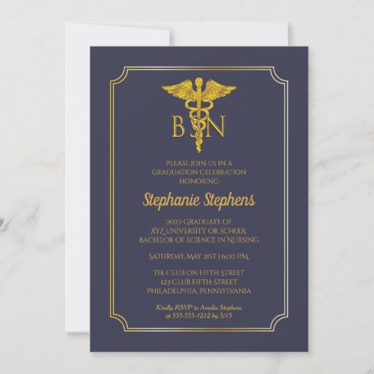 Elegant Blue | Gold Nurse BSN Graduation Party Einladung (Vorderseite)