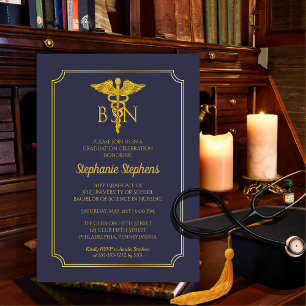 Elegant Blue   Gold Nurse BSN Graduation Party Einladung