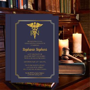 Elegant Blue Gold Nurse RN Graduation Party Einladung