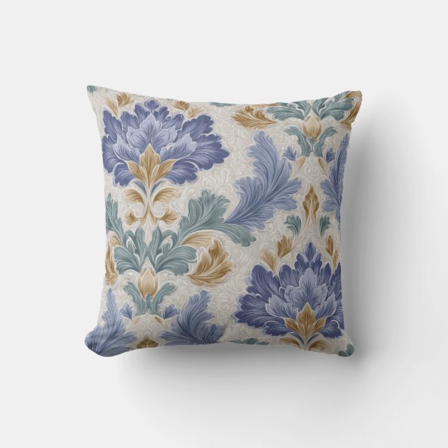 Elegant Blue & Gold Ornamental Floral Throw Pillow Kissen (Vorderseite)