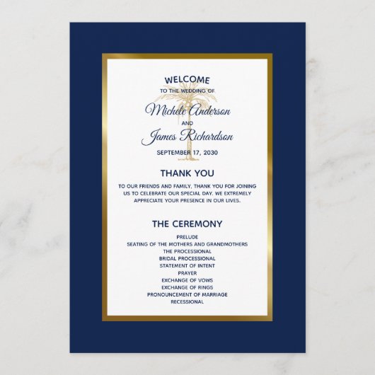 Elegant Blue Gold Palm Tree Tropische Hochzeit Programm (Vorderseite)