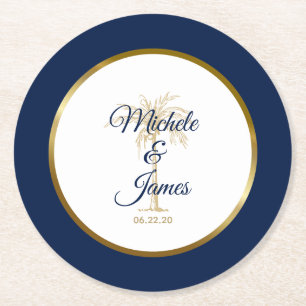 Elegant Blue Gold Palm Tree Tropische Hochzeit Runder Pappuntersetzer