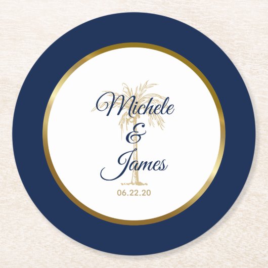 Elegant Blue Gold Palm Tree Tropische Hochzeit Runder Pappuntersetzer (Vorderseite)