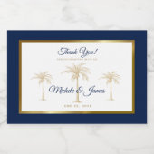 Elegant Blue Gold Palm Tree Tropische Hochzeit Schaumweinetikett (Einzelnes Label)