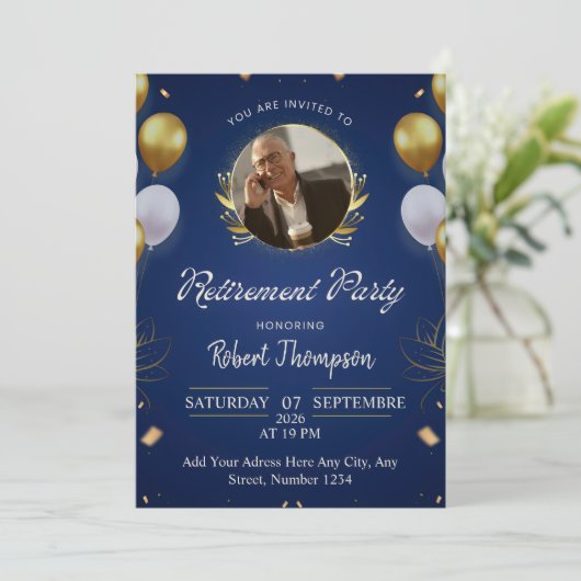 Elegant Blue Gold Retirement Party Invitation Einladung (Stehend Vorderseite)