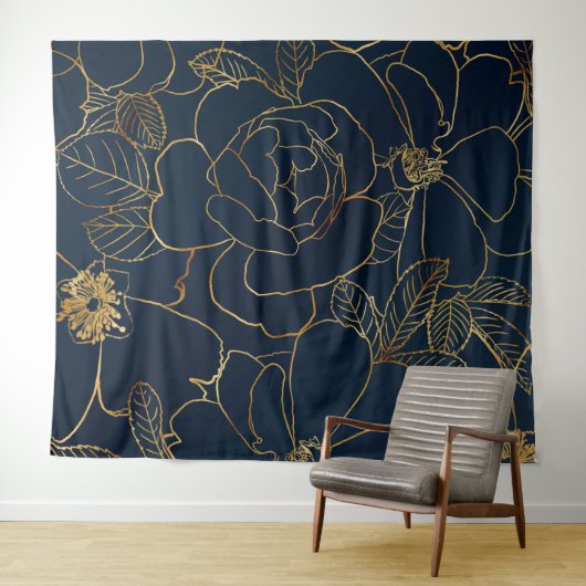 Elegant Blue Gold Rose Bloral Wandteppich (Beispiel (Horizontal))