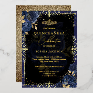 Elegant Blue Gold Rose Quinceanera Folieneinladung