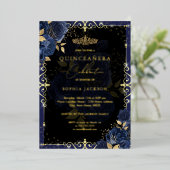 Elegant Blue Gold Rose Quinceanera Folieneinladung (Stehend vorne)