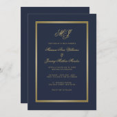 Elegant Blue Gold Script Monogram Wedding Einladung (Vorne/Hinten)
