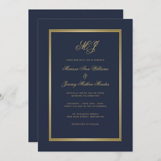 Elegant Blue Gold Script Monogram Wedding Einladung (Vorne/Hinten)