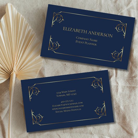 Elegant Blue Gold Scroll Minimal Visitenkarte