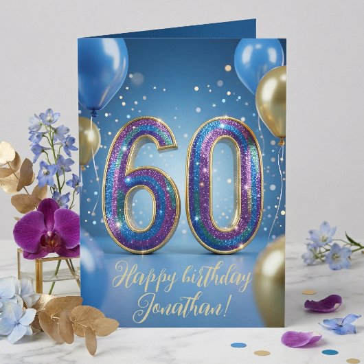 Elegant Blue Gold Sparkly Balloons 60th Birthday Karte