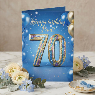 Elegant Blue Gold Sparkly Balloons 70th Birthday Karte