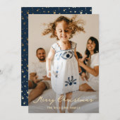 Elegant Blue Gold Stars Script Foto Weihnachten (Vorne/Hinten)