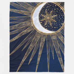 Elegant Blue Gold Sun Moon Mandala Fleecedecke