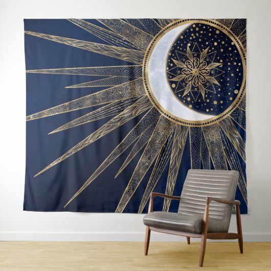 Elegant Blue Gold Sun Moon Mandala Wandteppich (Beispiel (Horizontal))