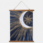 Elegant Blue Gold Sun Moon Mandala Wandteppich Mit Holzrahmen (Vorderseite)