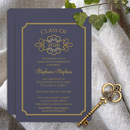 Elegant Blue | Gold Uni-Abschluss Party Einladung