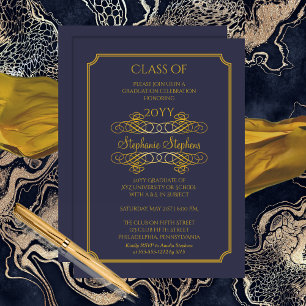 Elegant Blue   Gold Uni-Abschluss Party Einladung