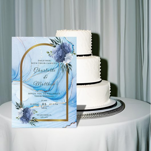Elegant Blue & Gold Wedding Invitation Einladung