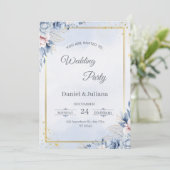 Elegant Blue & Gold Wedding Invitation Einladung (Stehend Vorderseite)
