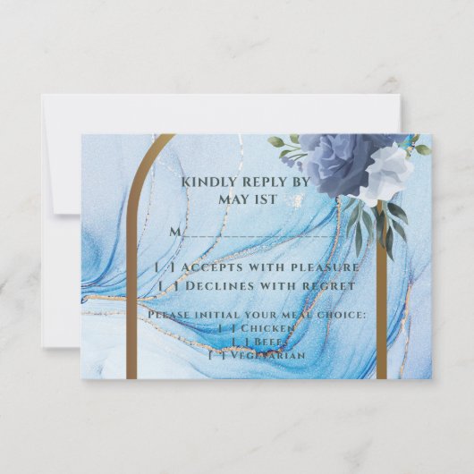 Elegant Blue & Gold Wedding RSVP Card (Vorderseite)