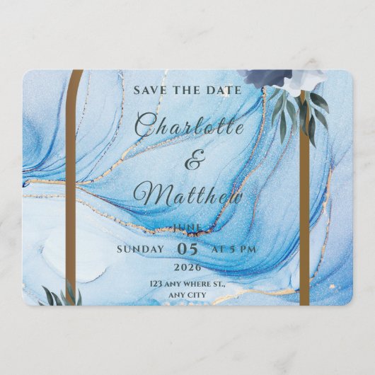 Elegant Blue & Gold Wedding Save the Date (Vorderseite)