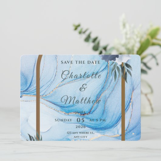 Elegant Blue & Gold Wedding Save the Date  (Stehend Vorderseite)