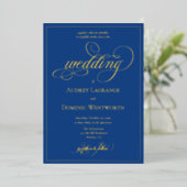 Elegant Blue Gold Wedding Script Calligraphy Folieneinladung (Stehend vorne)