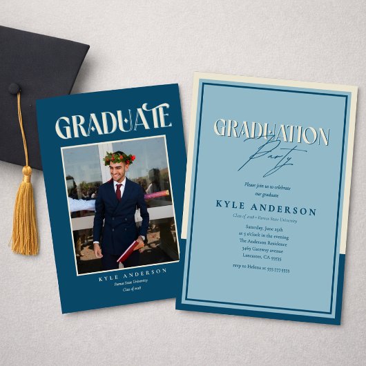 Elegant Blue Graduation Party Photo Invitation Einladung