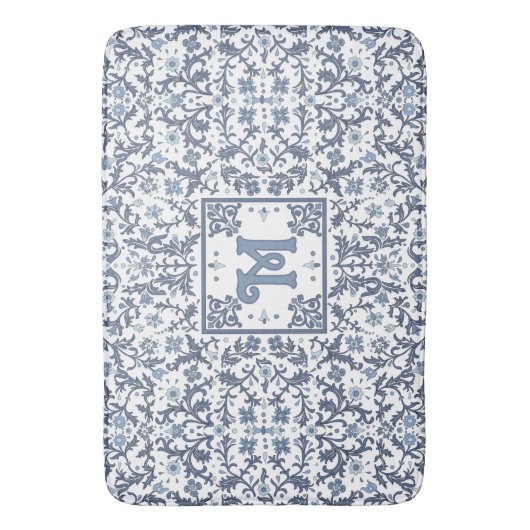 Elegant Blue Graphic Floral Pattern Monogram Badematte (Vorderseite Vertikal)