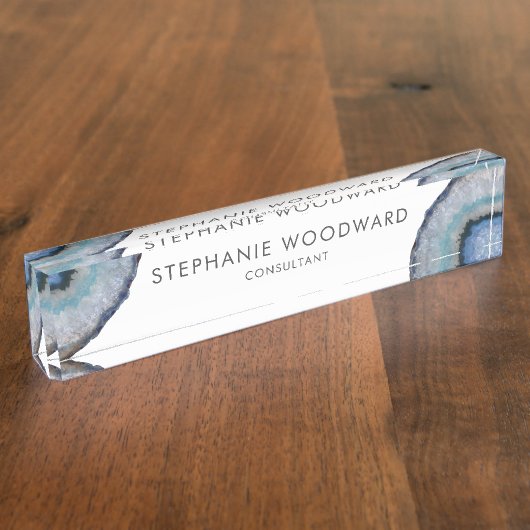 Elegant Blue Gray Agate Geode Namensplakette (Seite)