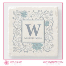 Elegant Blue Gray Floral Mit Monogramm