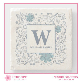 Elegant Blue Gray Floral Mit Monogramm Steinuntersetzer