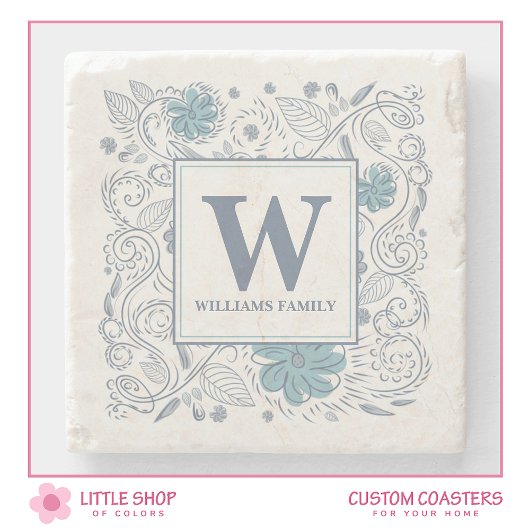 Elegant Blue Gray Floral Mit Monogramm Steinuntersetzer